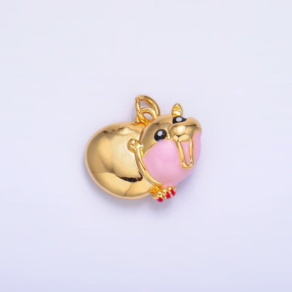 24K Gold plated Pink Rotund Hippopotamus Multidimensional 3D Animal Charm | W242 