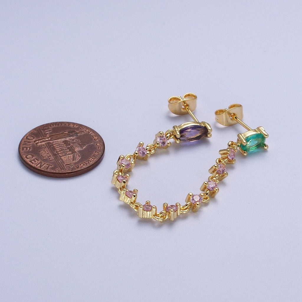 24K Gold plated Pink Teal Multicolor Oval Double Cubic Zirconia Stud Chained Earrings | AE-1054 - DLUXCA