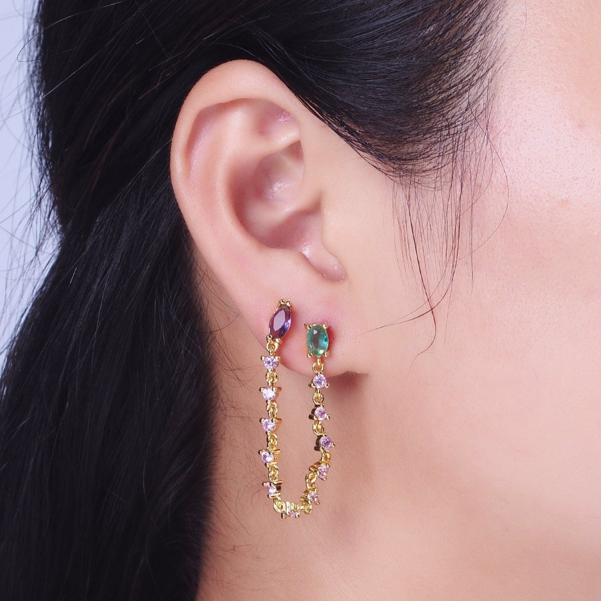 24K Gold plated Pink Teal Multicolor Oval Double Cubic Zirconia Stud Chained Earrings | AE-1054 - DLUXCA