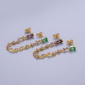 24K Gold plated Pink Teal Multicolor Oval Double Cubic Zirconia Stud Chained Earrings | AE-1054 - DLUXCA