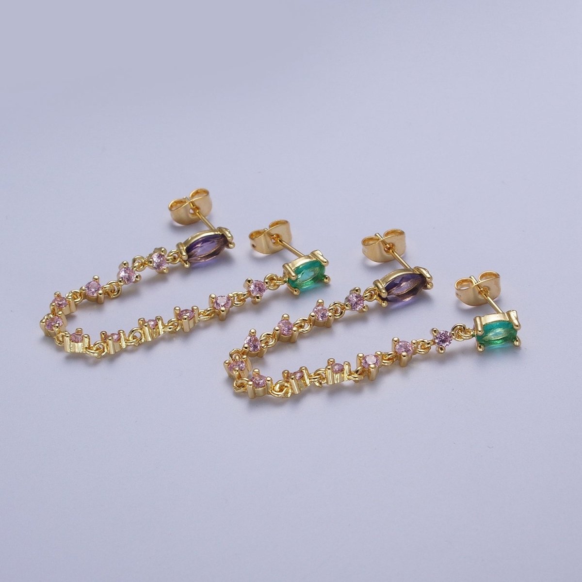 24K Gold plated Pink Teal Multicolor Oval Double Cubic Zirconia Stud Chained Earrings | AE-1054 - DLUXCA