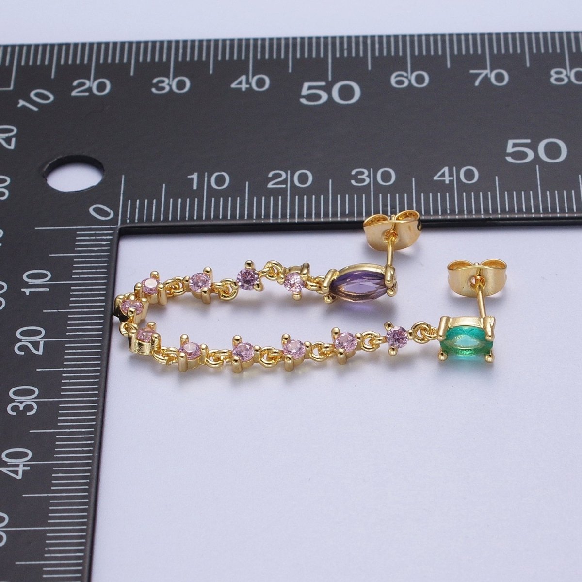 24K Gold plated Pink Teal Multicolor Oval Double Cubic Zirconia Stud Chained Earrings | AE-1054 - DLUXCA
