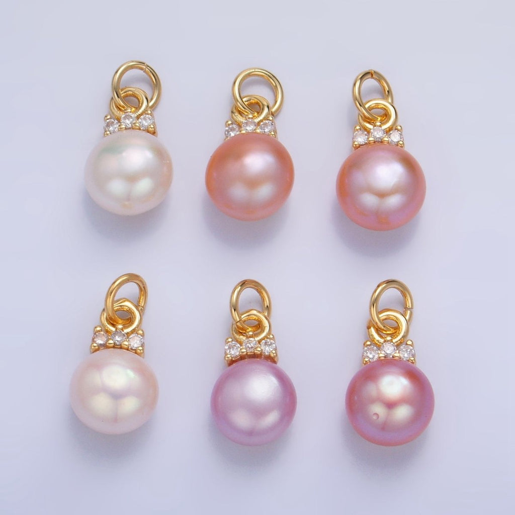 24K Gold plated Pink, White, Purple Freshwater Pearl CZ Charm | P1920 - P1922