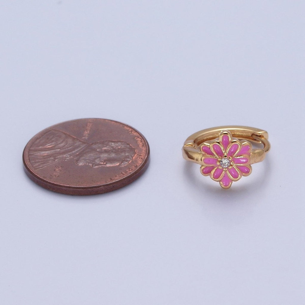 24K Gold plated Pink/White Enamel Flower Huggie Hoops Earrings, V-421 V-422 - DLUXCA