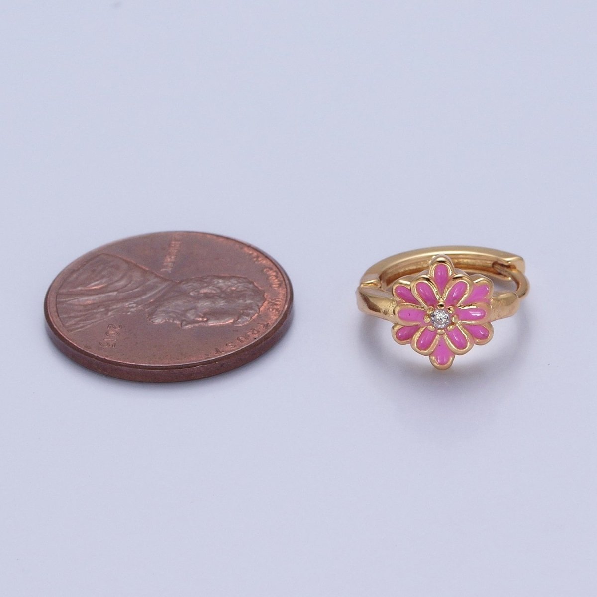 24K Gold plated Pink/White Enamel Flower Huggie Hoops Earrings, V-421 V-422 - DLUXCA