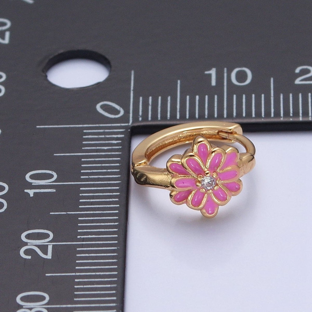 24K Gold plated Pink/White Enamel Flower Huggie Hoops Earrings, V-421 V-422 - DLUXCA