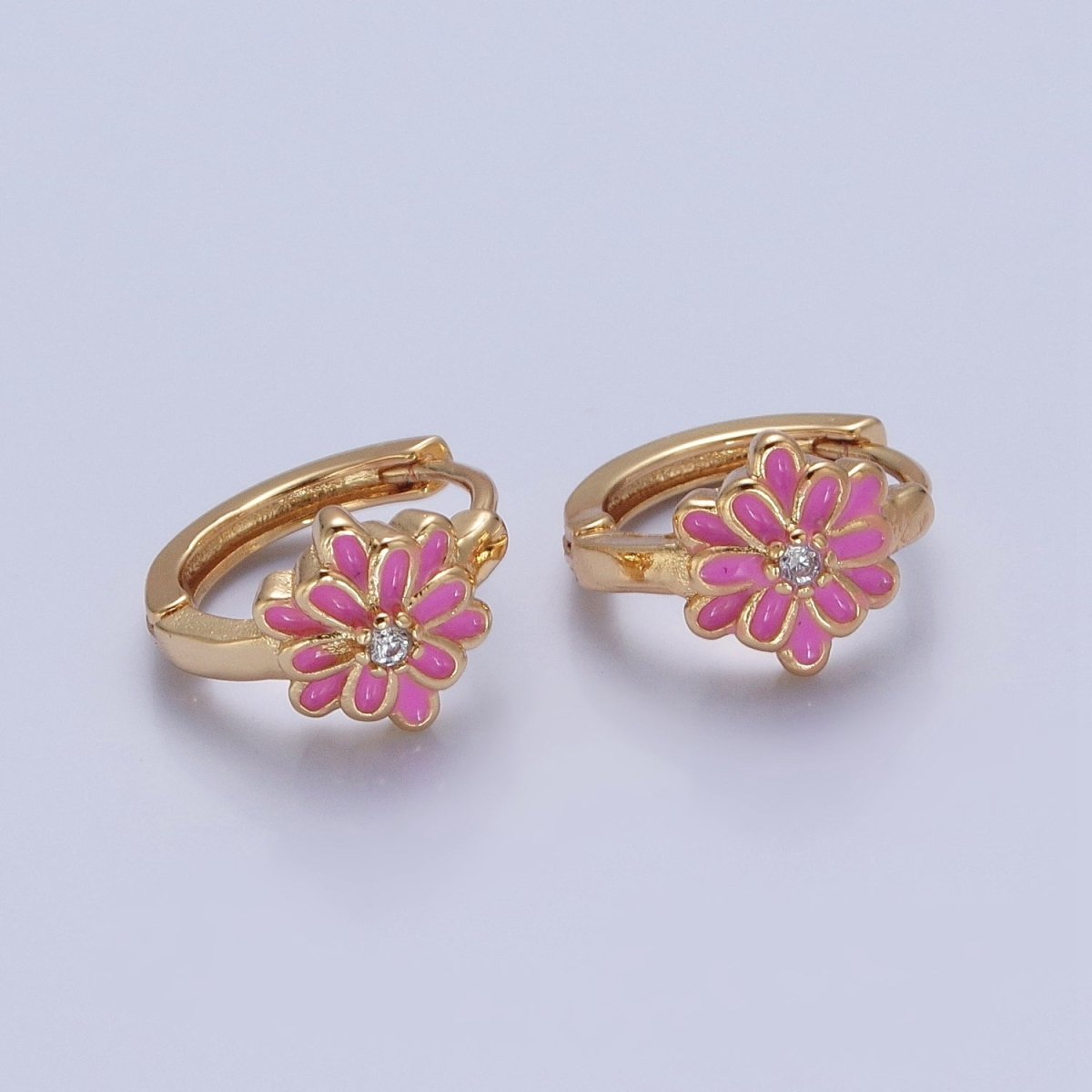 24K Gold plated Pink/White Enamel Flower Huggie Hoops Earrings, V-421 V-422 - DLUXCA