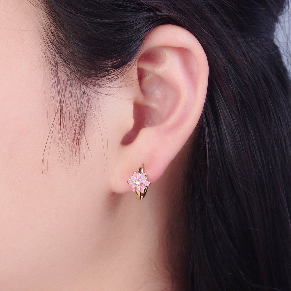 24K Gold plated Pink/White Enamel Flower Huggie Hoops Earrings, V-421 V-422 - DLUXCA