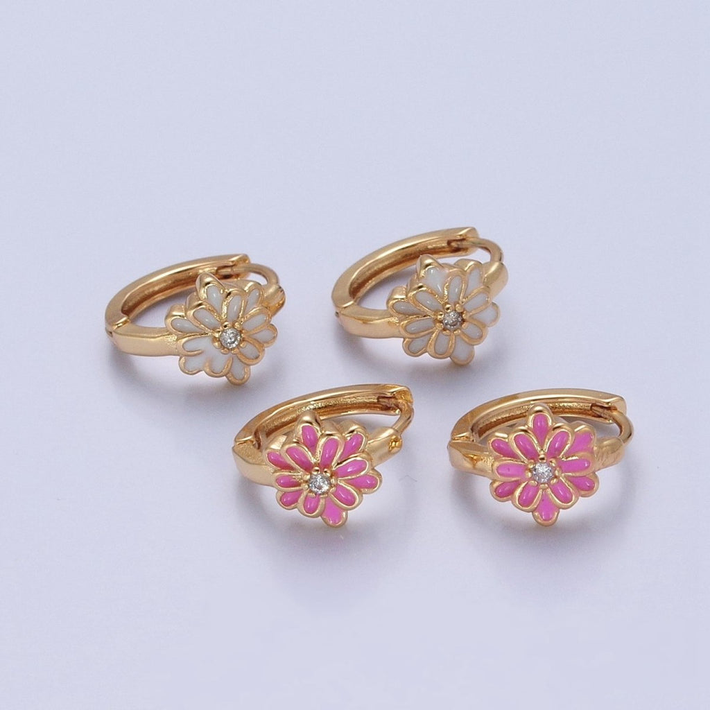 24K Gold plated Pink/White Enamel Flower Huggie Hoops Earrings, V-421 V-422 - DLUXCA
