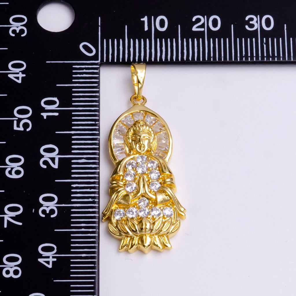 24K Gold plated Praying Buddha Flower Clear Baguette Micro Paved CZ Pendant | AA486 - DLUXCA