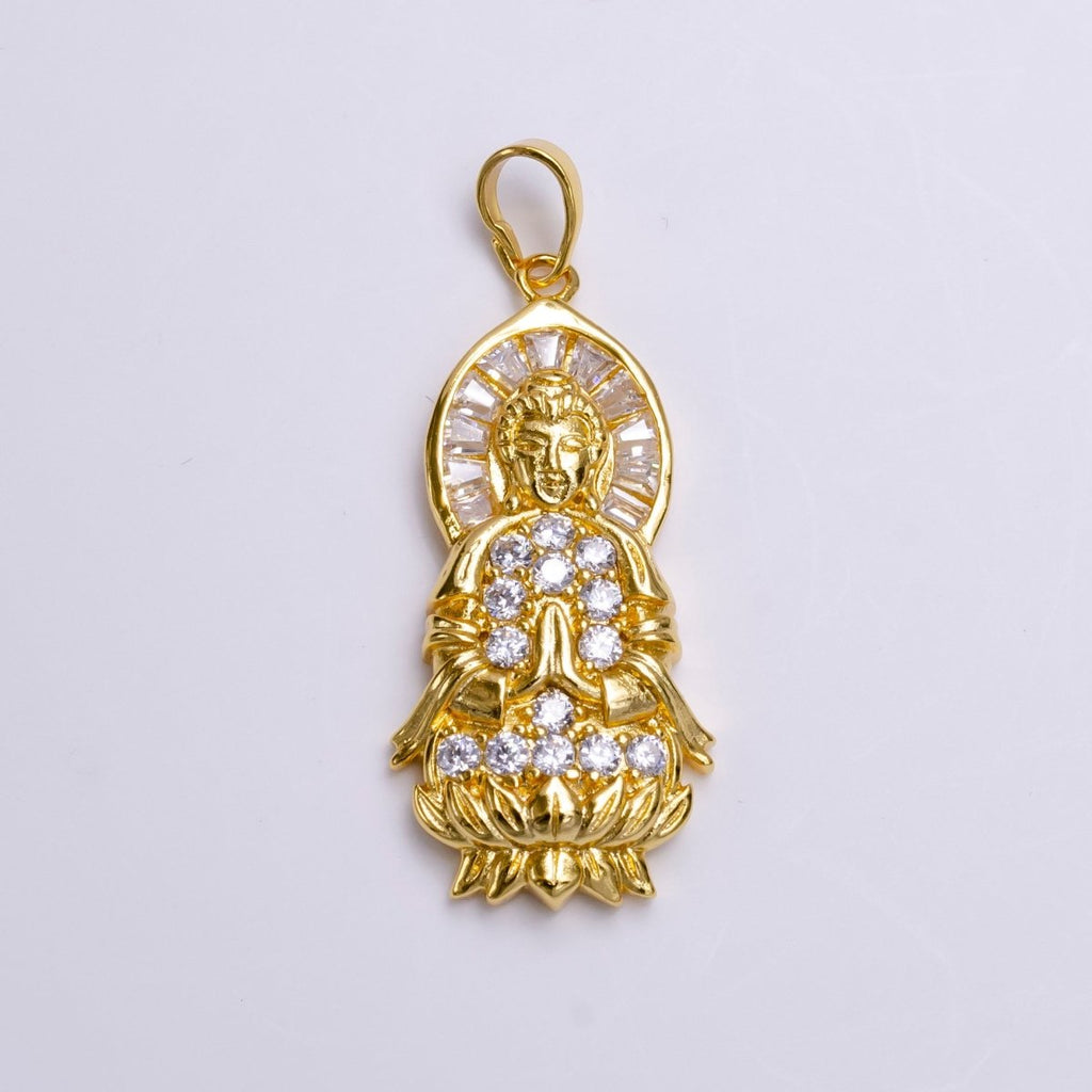 24K Gold plated Praying Buddha Flower Clear Baguette Micro Paved CZ Pendant | AA486 - DLUXCA