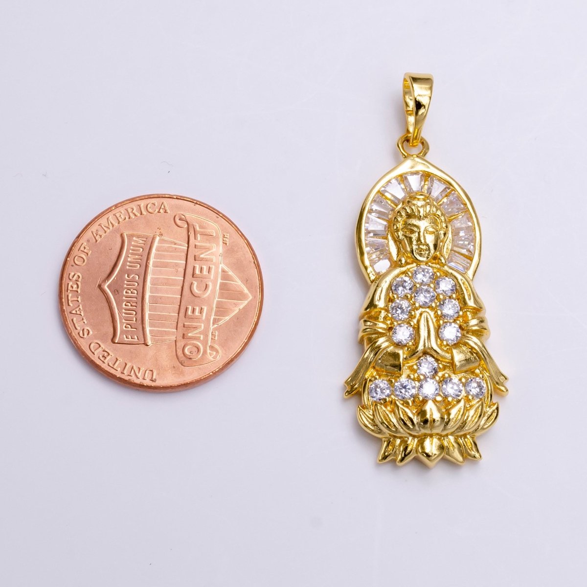 24K Gold plated Praying Buddha Flower Clear Baguette Micro Paved CZ Pendant | AA486 - DLUXCA