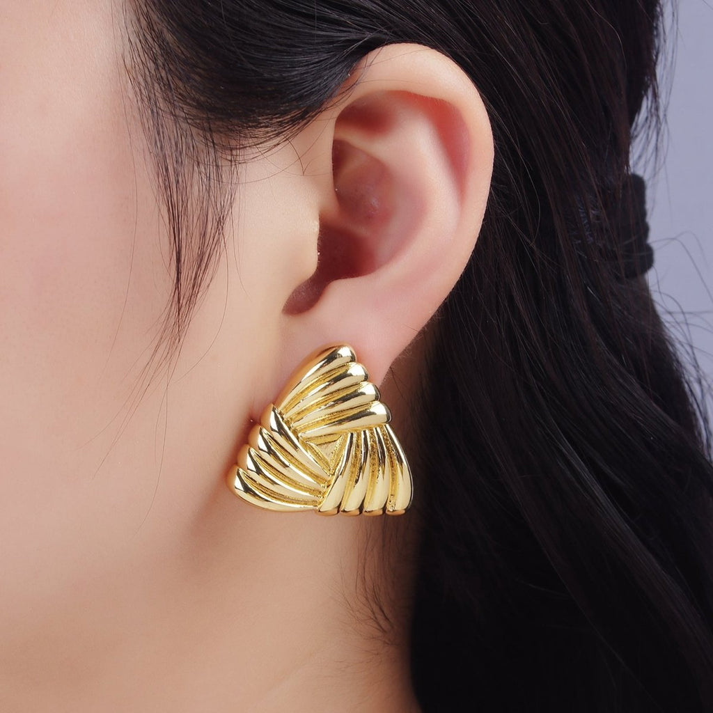 24K Gold plated Puffed Quilted Triangle Stud Earrings | P511 - DLUXCA