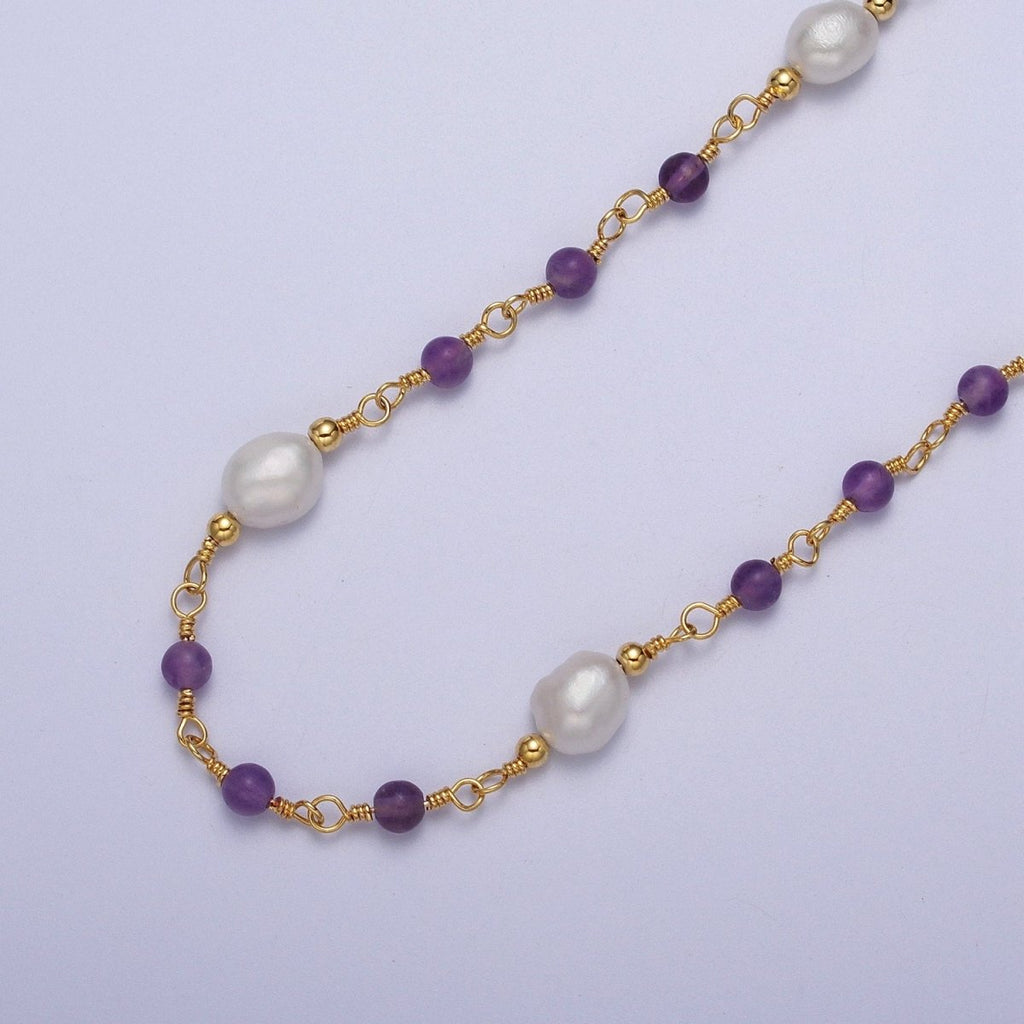 24K Gold plated Purple Amethyst Pearl Unfinished Chain by Yard | ROLL-1072 Clearance Pricing - DLUXCA