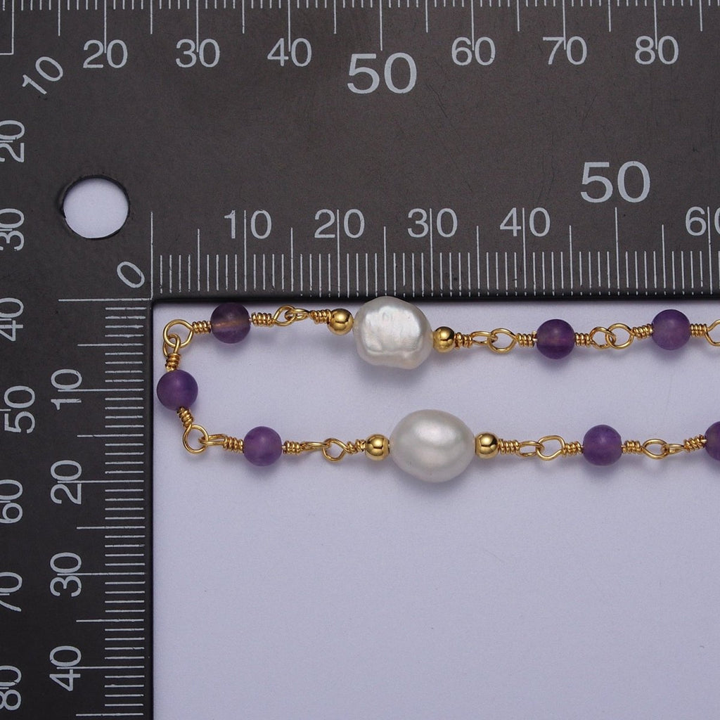24K Gold plated Purple Amethyst Pearl Unfinished Chain by Yard | ROLL-1072 Clearance Pricing - DLUXCA