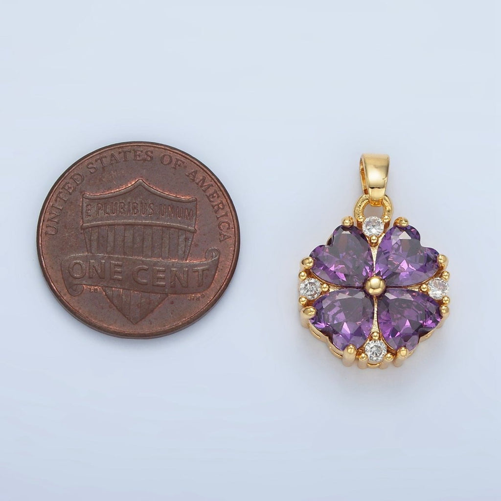 24K Gold plated Purple CZ Heart Petal Flower Pendant | AA889 - DLUXCA