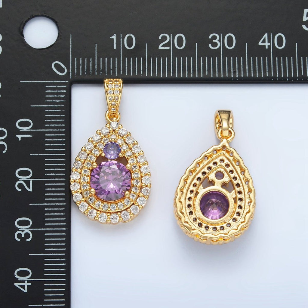 24K Gold plated Purple CZ Micro Paved Teardrop Charm | AA890 - DLUXCA