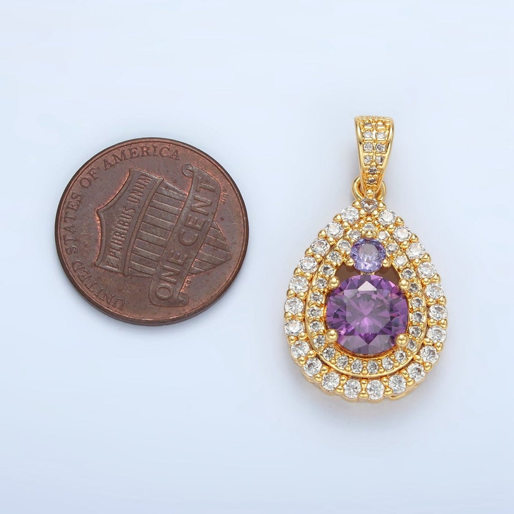 24K Gold plated Purple CZ Micro Paved Teardrop Charm | AA890 - DLUXCA