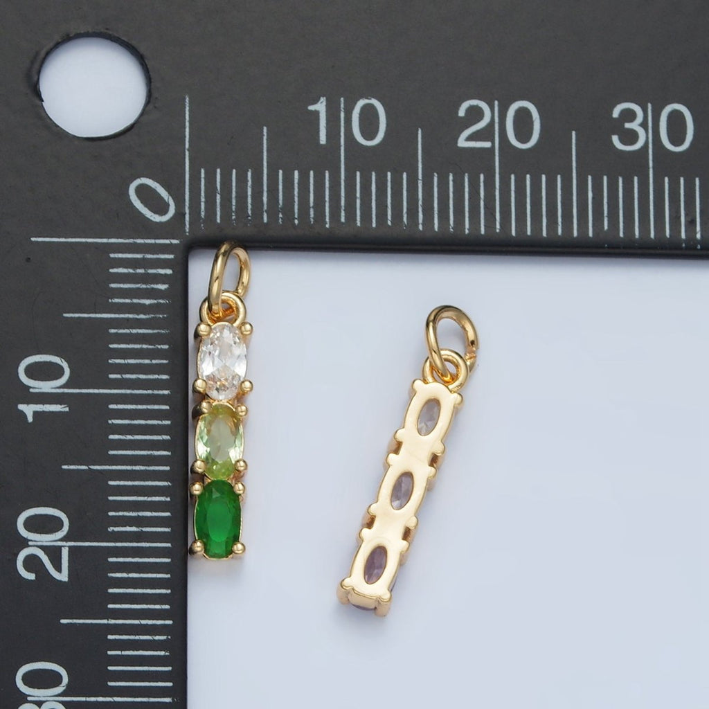24K Gold plated Purple, Green, Pink, Blue Gradient Triple Oval CZ Linear Charm | X568 X569 - DLUXCA