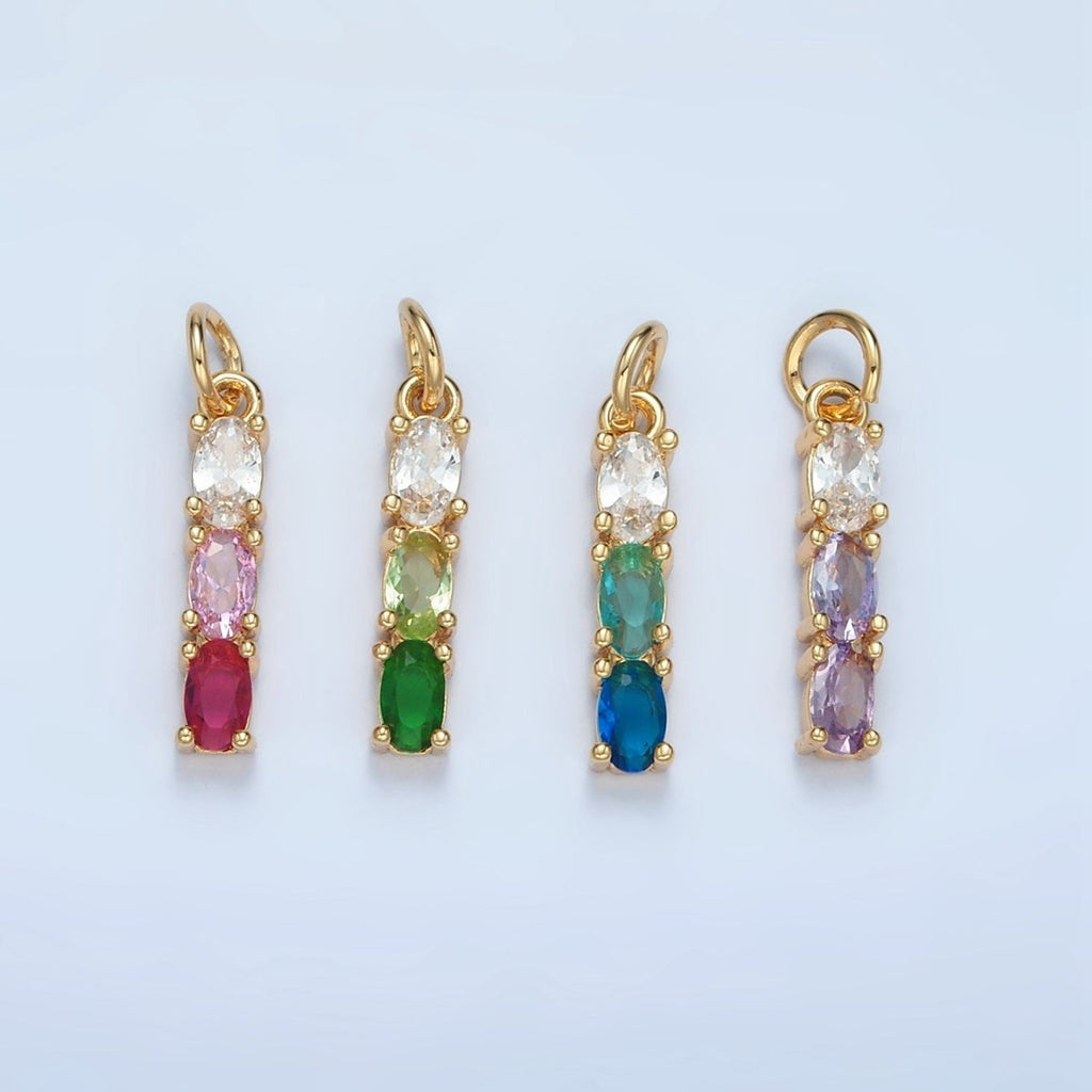 24K Gold plated Purple, Green, Pink, Blue Gradient Triple Oval CZ Linear Charm | X568 X569 - DLUXCA