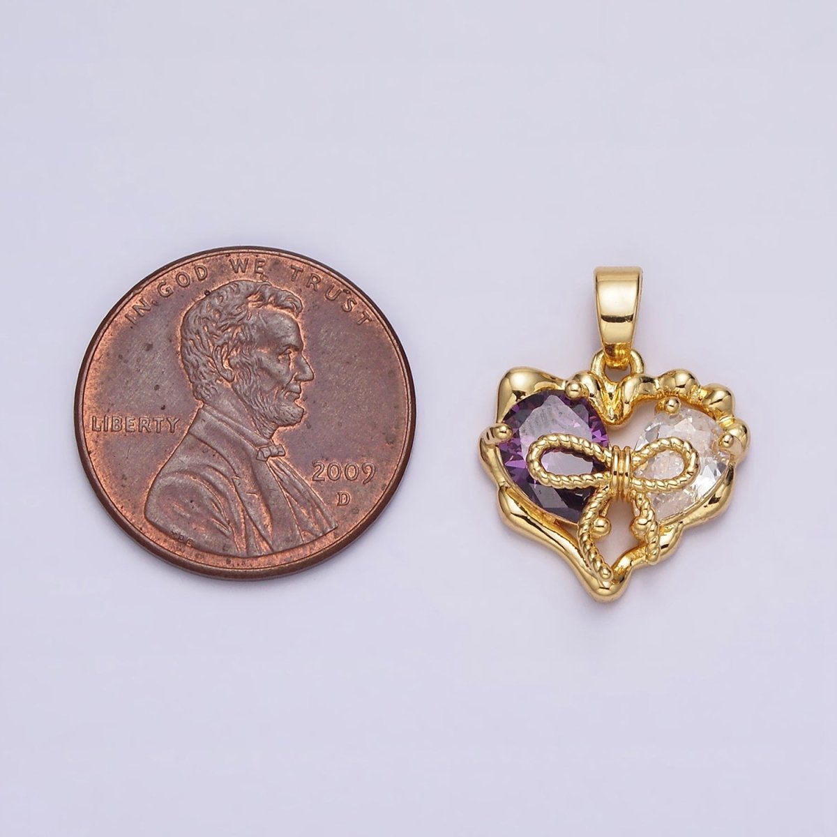 24K Gold plated Purple Pink Teardrop CZ Ribbon Tied Molten Drip Open Heart Pendant | AA569 - DLUXCA