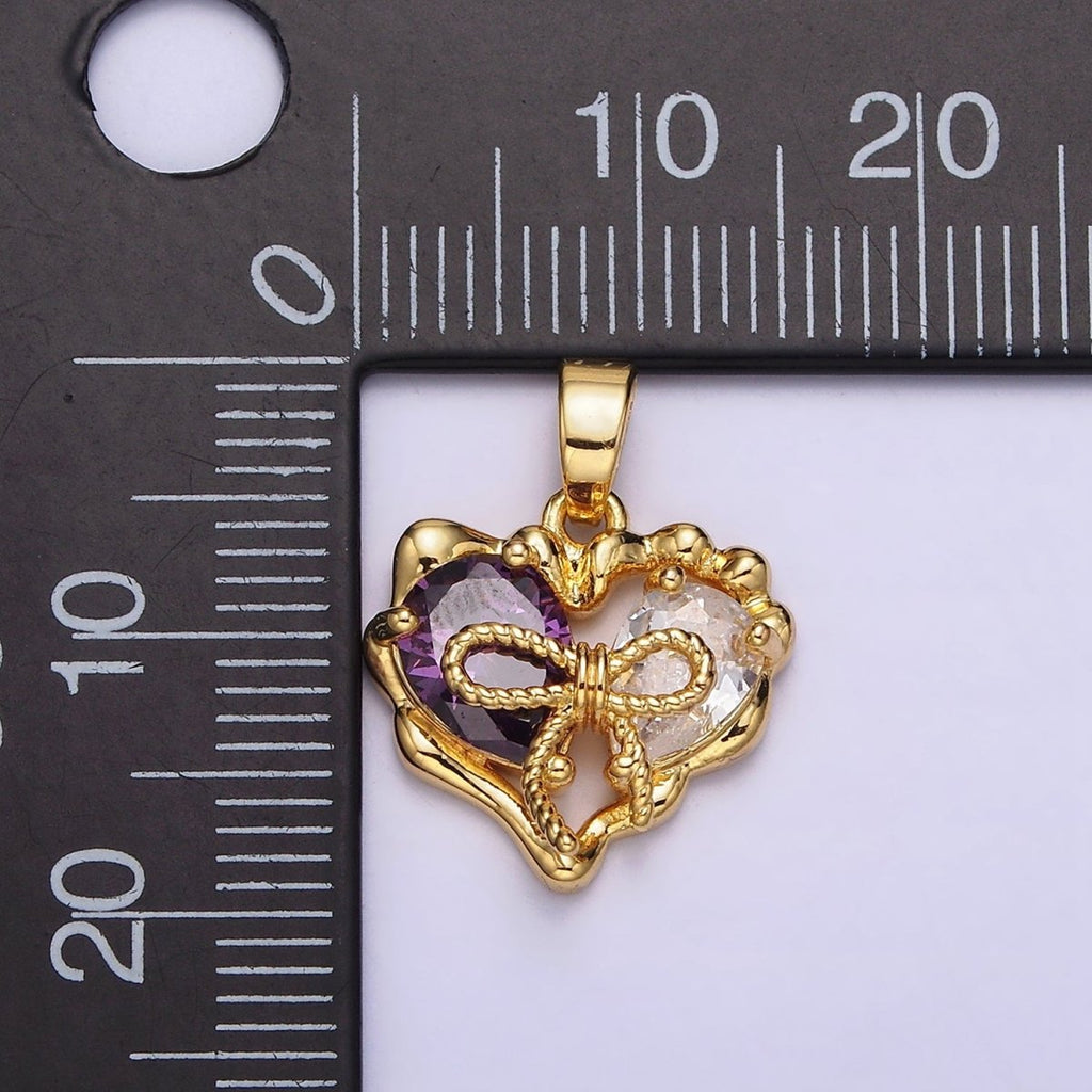 24K Gold plated Purple Pink Teardrop CZ Ribbon Tied Molten Drip Open Heart Pendant | AA569 - DLUXCA