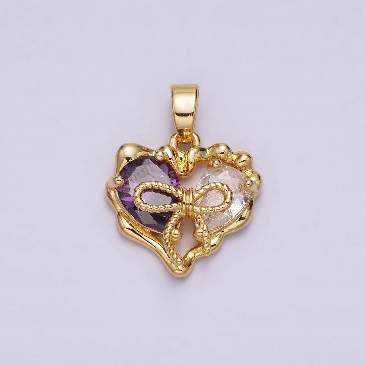 24K Gold plated Purple Pink Teardrop CZ Ribbon Tied Molten Drip Open Heart Pendant | AA569 - DLUXCA