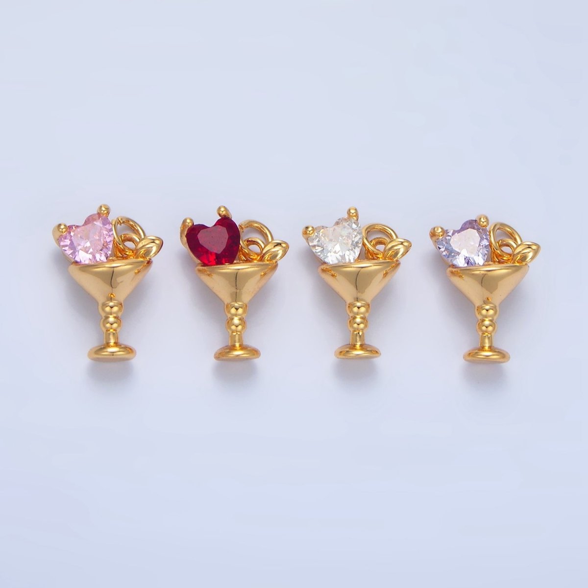24K Gold plated Purple, Red, Clear, Pink CZ Heart Martini Alcoholic Drink Charm | X846 - X847