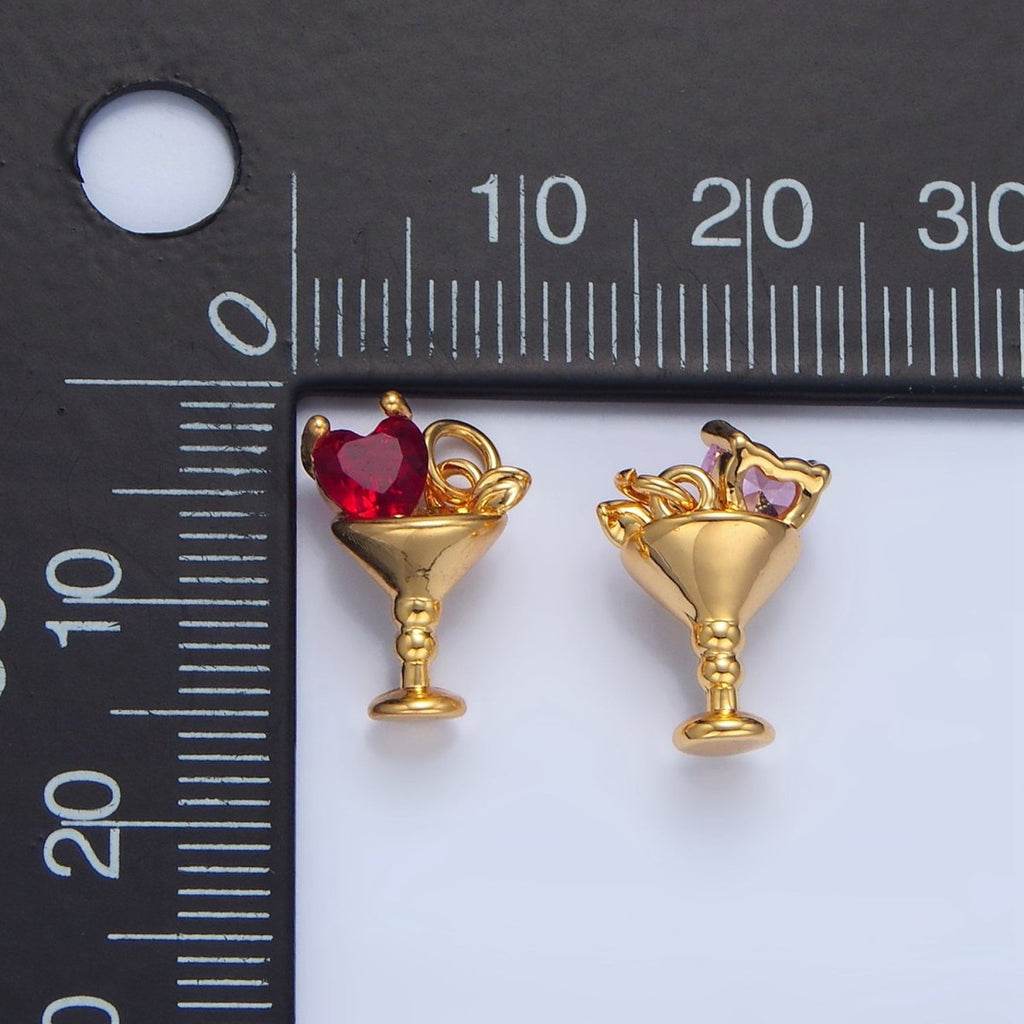 24K Gold plated Purple, Red, Clear, Pink CZ Heart Martini Alcoholic Drink Charm | X846 - X847