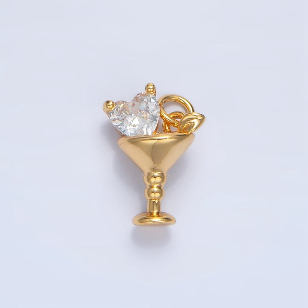 24K Gold plated Purple, Red, Clear, Pink CZ Heart Martini Alcoholic Drink Charm | X846 - X847