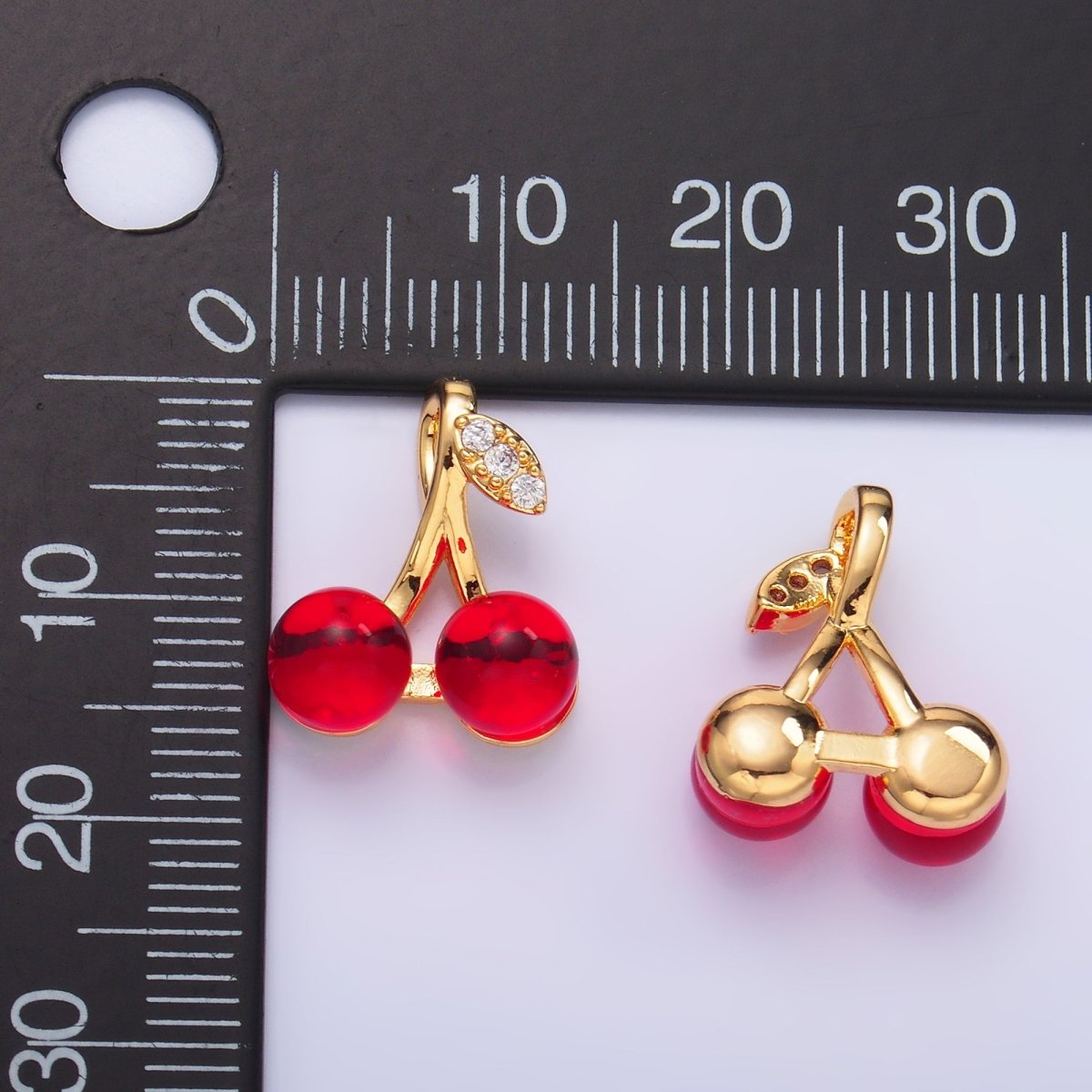 24K Gold plated Red Acrylic Micro Paved CZ Cherry Fruit Pendant | AA1440 - DLUXCA