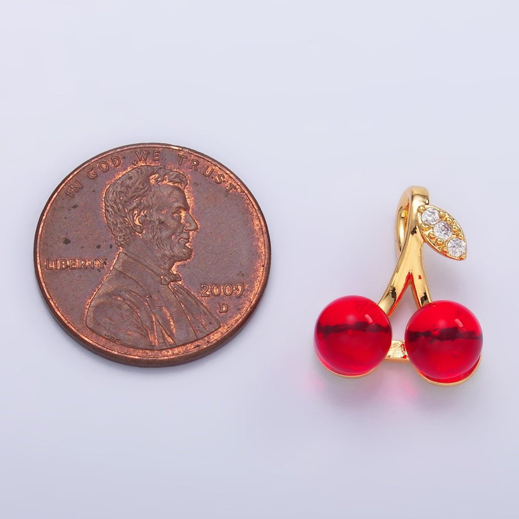 24K Gold plated Red Acrylic Micro Paved CZ Cherry Fruit Pendant | AA1440 - DLUXCA