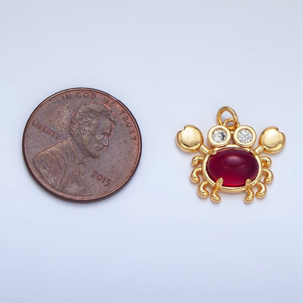 24K Gold plated Red Carnelian Gemstone CZ Crab Sea Animal Charm | W082 - DLUXCA