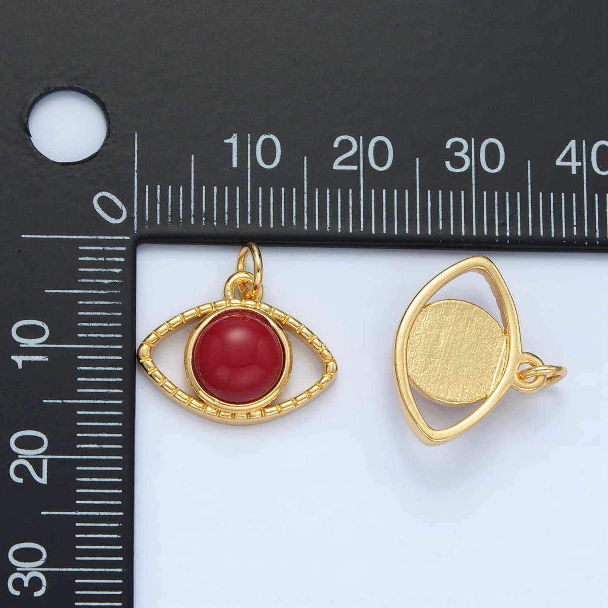 24K Gold plated Red Carnelian Gemstone Open Evil Eye Charm | X593 - DLUXCA