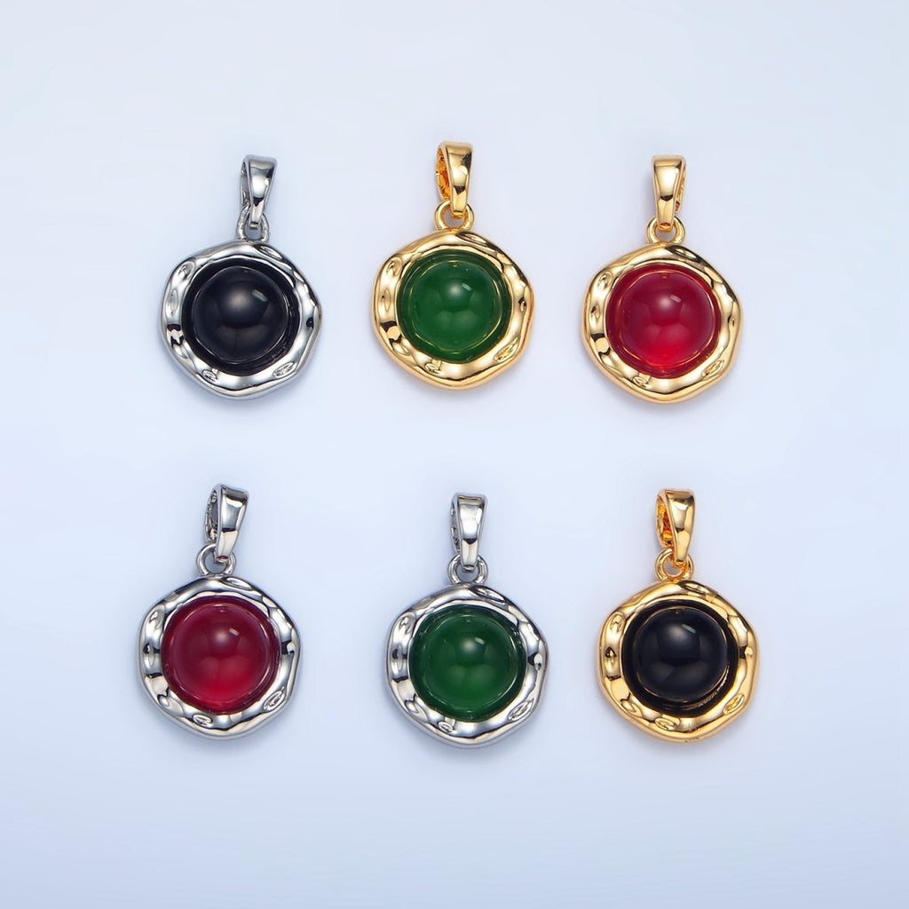 24K Gold plated Red Carnelian, Green Aventurine, Black Onyx Hammered Molten Bezel Pendant in Gold & Silver | AA969 AA974 AA987