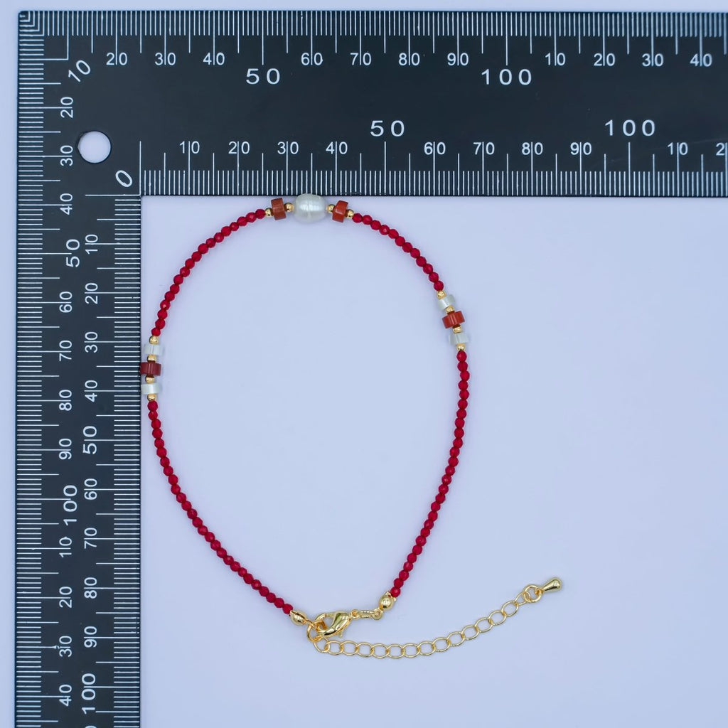 24K Gold plated Red Carnelian Shell Pearl Gemstone 9.5 Inch Bracelet | WA - 2955 