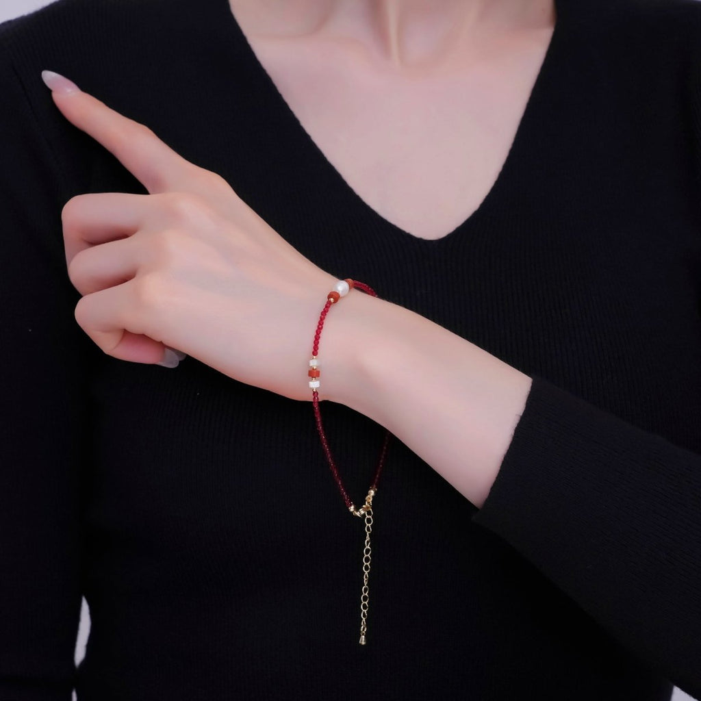 24K Gold plated Red Carnelian Shell Pearl Gemstone 9.5 Inch Bracelet | WA - 2955 