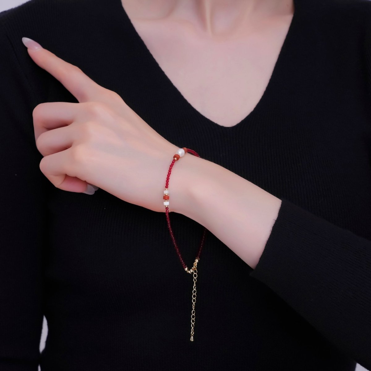 24K Gold plated Red Carnelian Shell Pearl Gemstone 9.5 Inch Bracelet | WA - 2955 