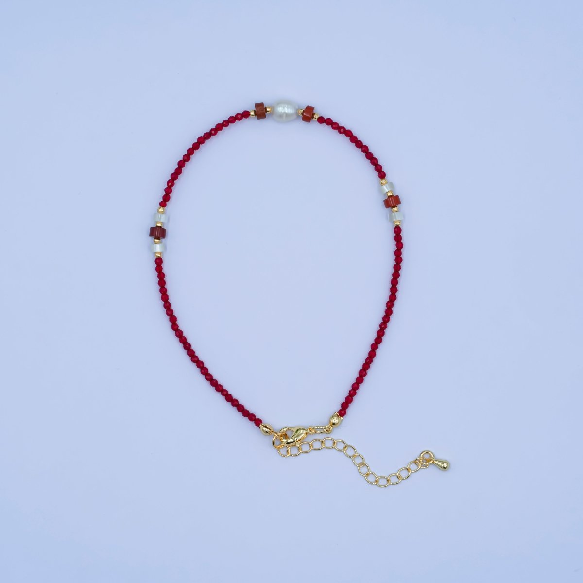 24K Gold plated Red Carnelian Shell Pearl Gemstone 9.5 Inch Bracelet | WA - 2955 