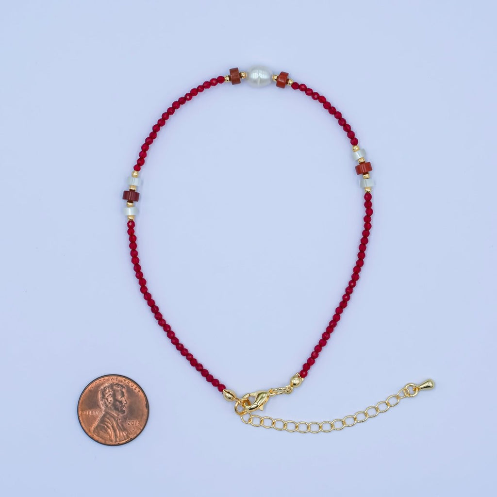 24K Gold plated Red Carnelian Shell Pearl Gemstone 9.5 Inch Bracelet | WA - 2955 