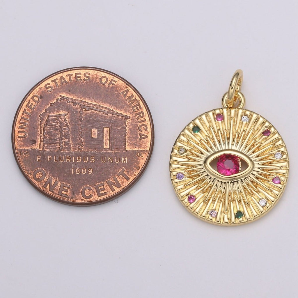 24K Gold plated Red Crystal Sunrise Coin Charm E-198 - DLUXCA