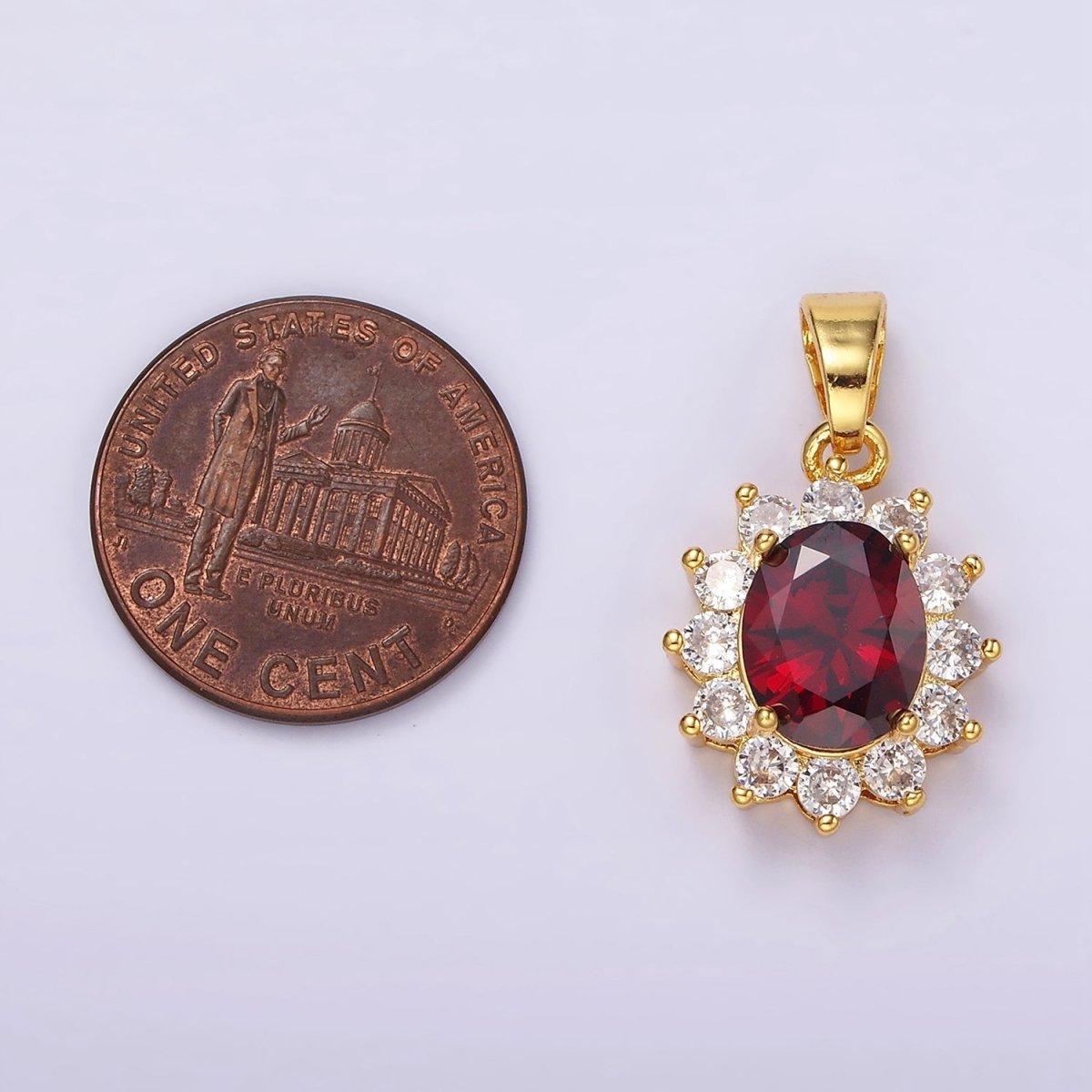 24K Gold plated Red CZ Flower Celestial Sun Oval Pendant | N1315 - DLUXCA