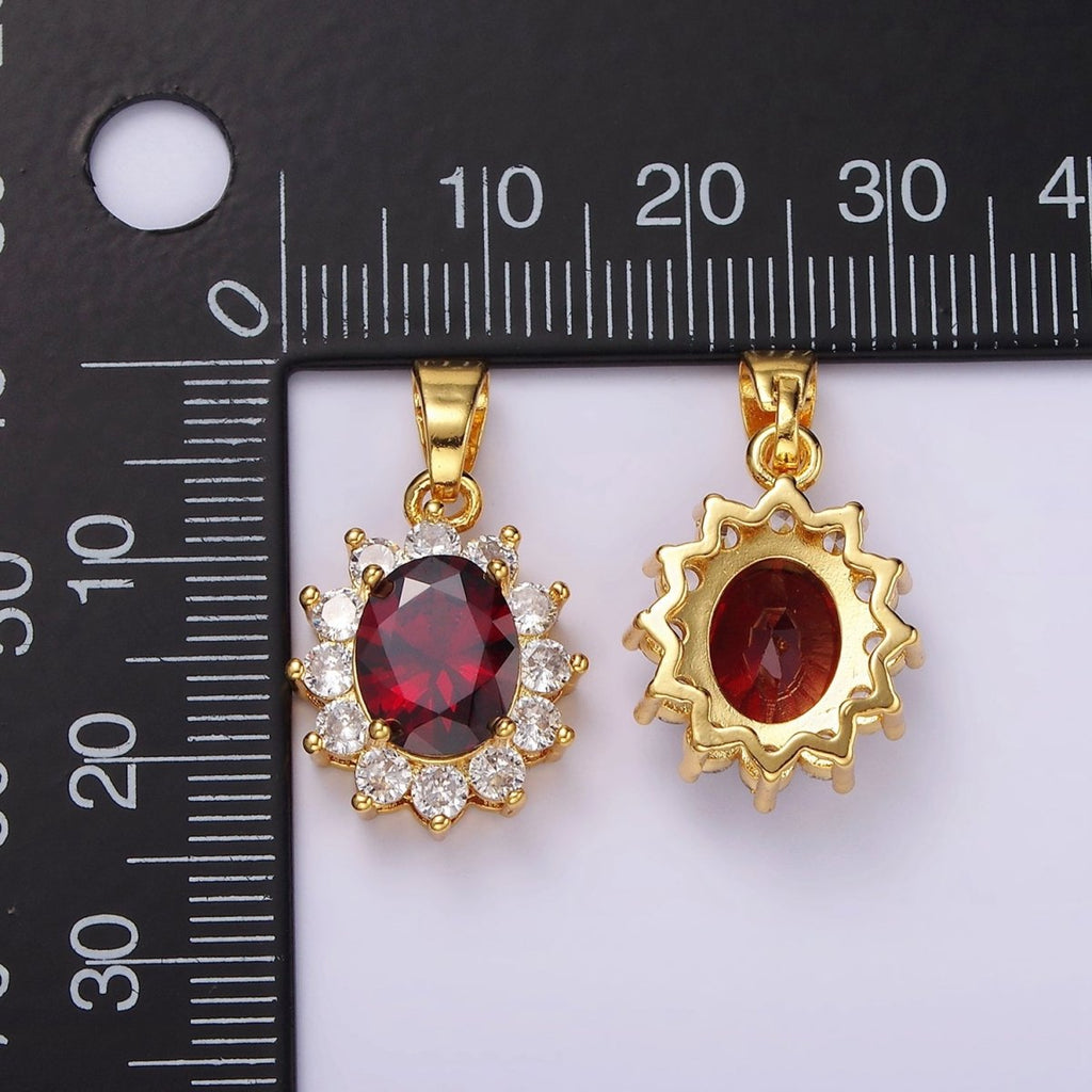 24K Gold plated Red CZ Flower Celestial Sun Oval Pendant | N1315 - DLUXCA