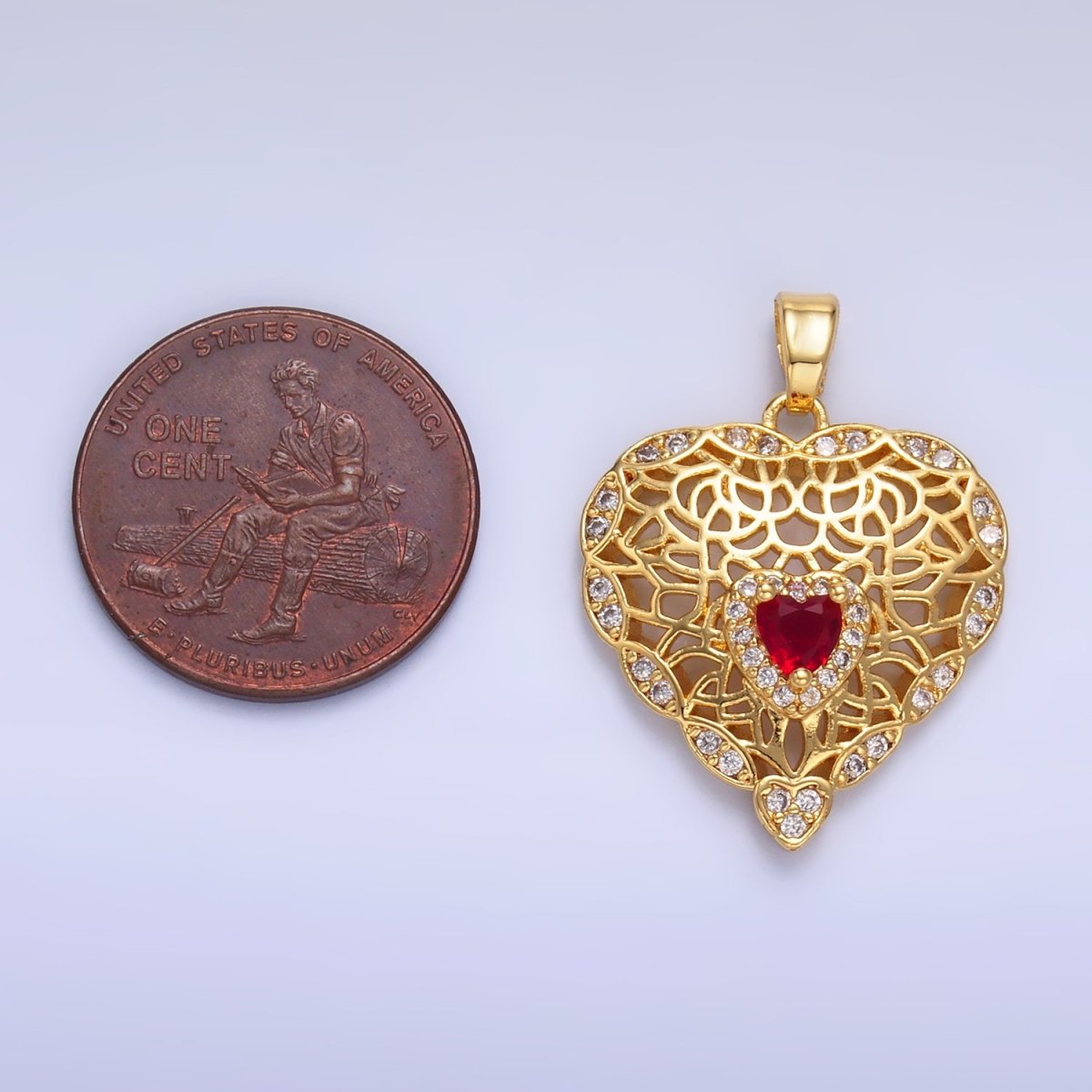 24K Gold plated Red CZ Micro Paved CZ Filigree Heart Pendant | AA1423 - DLUXCA
