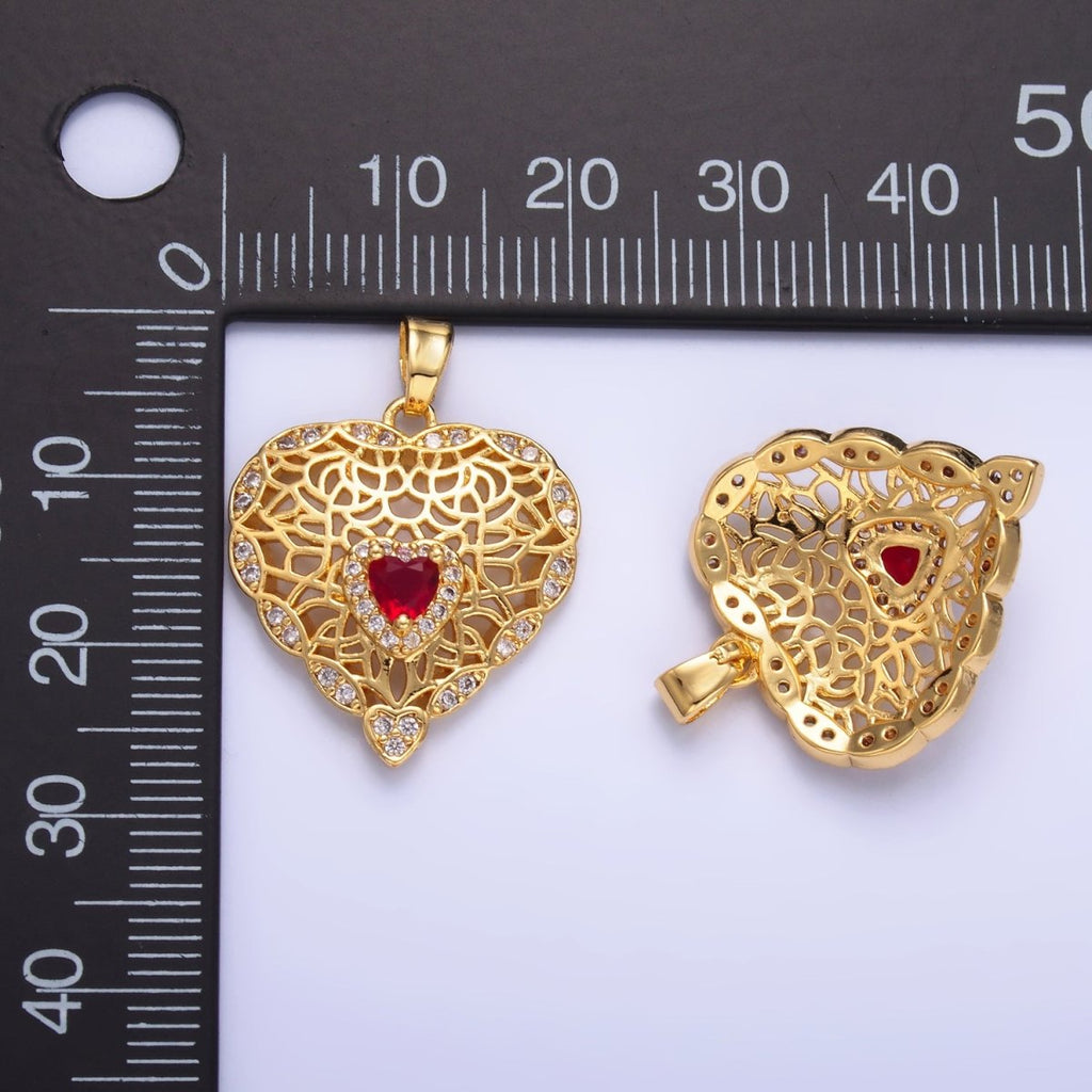 24K Gold plated Red CZ Micro Paved CZ Filigree Heart Pendant | AA1423 - DLUXCA