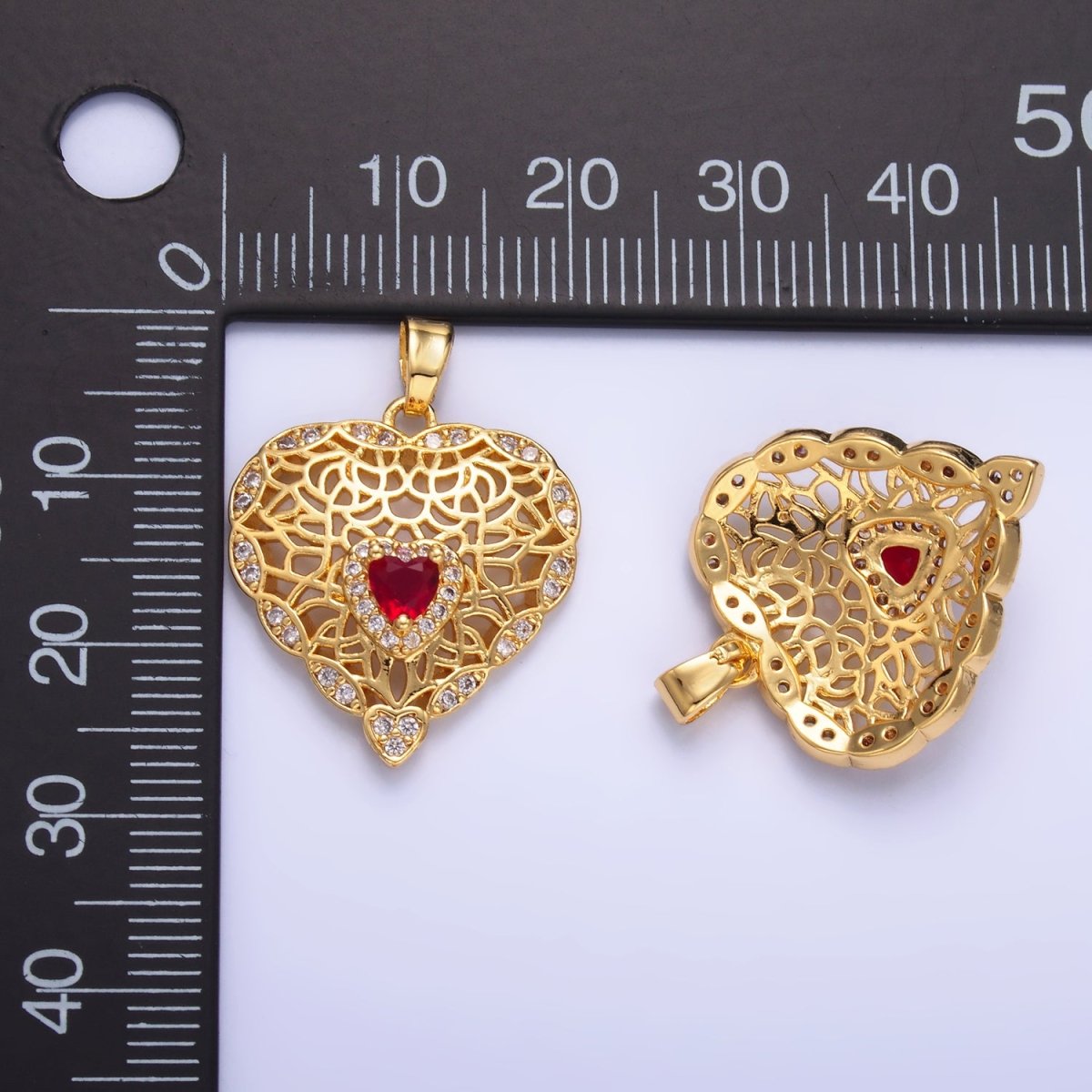 24K Gold plated Red CZ Micro Paved CZ Filigree Heart Pendant | AA1423 - DLUXCA