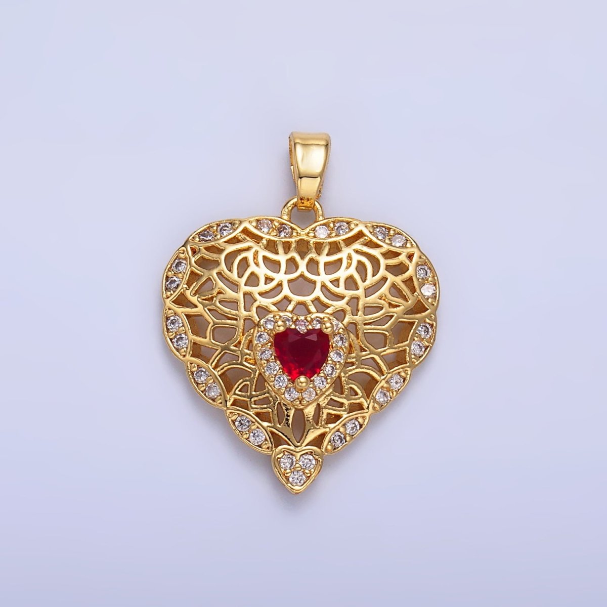 24K Gold plated Red CZ Micro Paved CZ Filigree Heart Pendant | AA1423 - DLUXCA