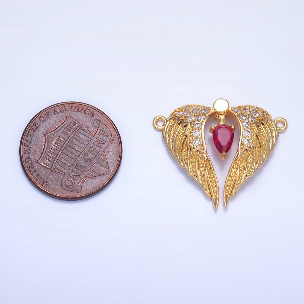 24K Gold plated Red CZ Micro Paved Feather Wings Connector | F712 - DLUXCA