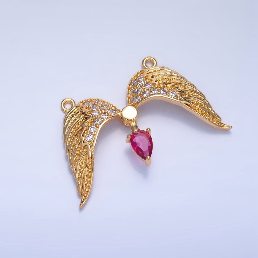 24K Gold plated Red CZ Micro Paved Feather Wings Connector | F712 - DLUXCA