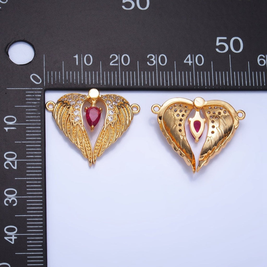 24K Gold plated Red CZ Micro Paved Feather Wings Connector | F712 - DLUXCA